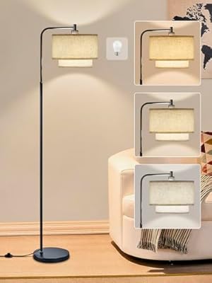 64" Modern Floor Lamp for Living Room Bedroom, Arc Floor Lamp with 3 Color Temperatures, Standing Lamp with Double Oatmeal Linen Lampshade, Tall Lamp with A19 12W LED Bulb, Foot Switch Control, Black