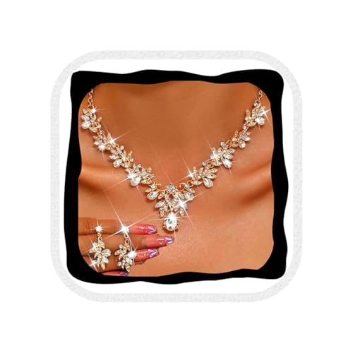 Unicra Rhinestone Bridal Wedding Jewelry Sets Gold Necklace Earrings Set Leaf Prom Formal Costume...