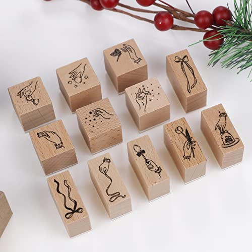 Wood Rubber Stamp - 12 Pcs Floral Bow Tie And Finger Stories Wooden Rubber Seals For Scrapbooks, Calendar, , Card Making, Letters Diary, Craft Scrapbook Painting, Halloween, Christmas Deco #TOP2