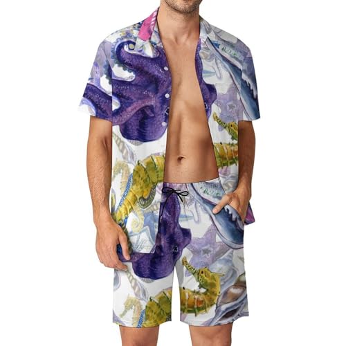 Chemise Hawaïenne Homme Ensemble Imprimé Original Hippocampe Pieuvre 3 Pièces Été Plage S