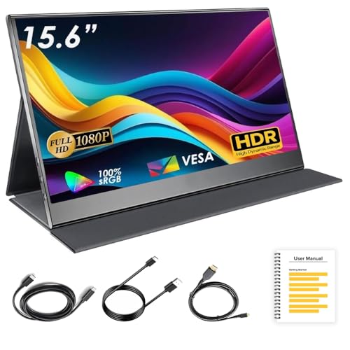 Portable Monitor 15.6 Inch 1080P FHD External Portable Screen for Laptop MacBook Phones Tablet PS5/4 Xbox Switch USB C & HDMI Connectivity Built-in Speakers with Protective Case شاشة محمولة