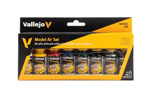 Vallejo Model Color Set de Pintura Acrílica Colores Básicos. Kit de 8 Colores de Acabado Mate para Aerógrafo en Botellas de 18 Ml con Cuentagotas para Modelismo y Maquetas