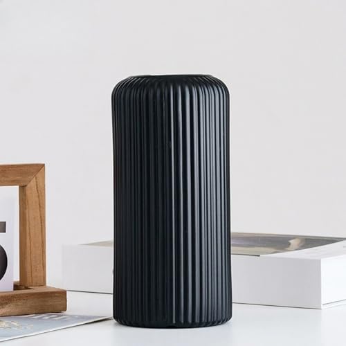 Modern Black Plastic Flower Vase, Ribbed Cylindrical...