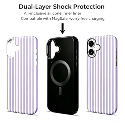 Image of for iPhone 16 Case Cute Phone Case,Compatible with MagSafe,Dual Layer Shockproof Protective Phone Cover,Hard Shell + Silicone Cover,Fashion Design for Women Girls,Striped Purple