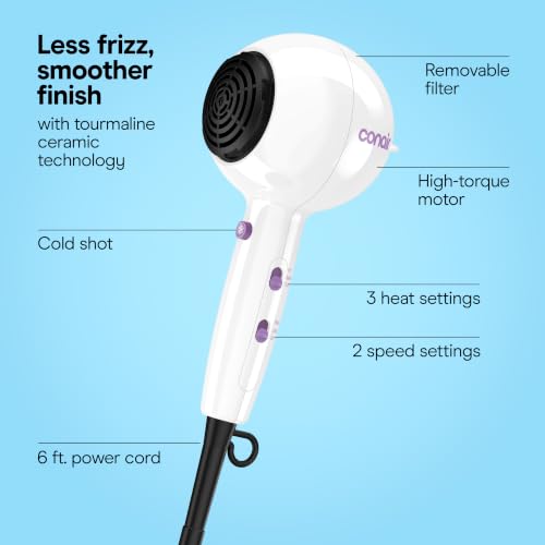 Image of Conair Cake Pop Hair Dryer with Diffuser & Concentrator Attachments, Blow Dryer, Hair Dryers for Women, Tourmaline Ceramic Technology, 3 Heat /2 Speed Settings, Compact Hair Dryer w /Concentrator, White