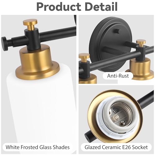 Image of 3-Light Bathroom Vanity Light, Black and Gold Vanity Lights for Bathroom with Milky White Glass Shade, Vanity Light Fixture Over Mirror, Modern Style, 16 Inch Compact, E26 Base