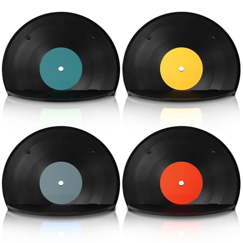 Image of Threehoney 4 Pcs Vinyl Record Wall Decor Music Art Themed Wall Storage Shelf Blank Record Shaped Hanging Sign Aesthetic Music Theme Home Decoration for Room Bedroom Party Decor(Classic,Plastic)