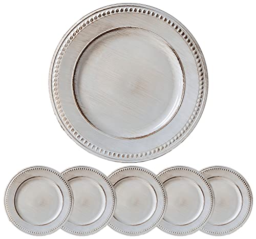 Umisriro White Charger Plates,13 Inch Vintage Dinner Plate Chargers Round Server Ware.set Of 6 Plastic Beaded Chargers For Dinner Plates, Party, Wedding(White) #TOP1