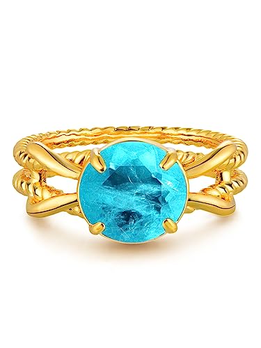 Gold Simulated Emerald/Paraiba Ring for Women Solitaire 8MM Round Cut 14K Gold Plated Minimalist Stack Knot Enhancer Guard Twisted Band Finger Jewelry Size 6-8