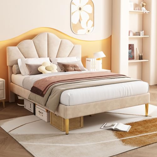 Tcewhhy Polsterbett Muschelartiges Bett Mit Goldenen Eisenbeinen Einzelbett Höhenverstellbares Kopfteil Holz Lattenrost Jugendbett Für Erwachsene Jugendliche Gästebett Beige 140x200 cm