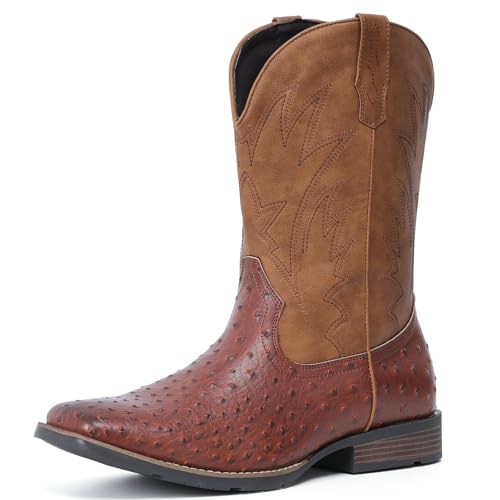 Image of IUV Cowboy Boots For Men Western Ostrich Wide Embroidered Pull On Boots | Durable & slip-resistant pull-on boots, Fashionable embroidered design, Vintage style for men, stylish for casual.