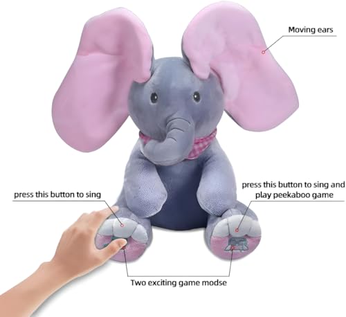 Image of Peek-a-Boo Elephant Stuffed Toy with Moving Ears, Musical Singing Plush Animal for Babies Toddlers Kids, Interactive Soft Grey Pink Elephant Doll with 2 Play Modes, Battery Operated Gift Toy