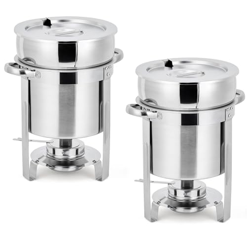 GarveeHome 11QT Soup Chafer Set of 2, Stainless Steel Round Soup Warmer with Pot, Notched Lids & Fuel Holders, Commercial Food Warmer for Buffets, Eve