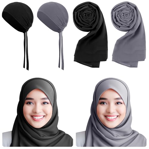 4 Pcs Women Solid Chiffon Hijab Scarves and Undercap Set Long Shawl Soft Wrap Scarves Muslim Inner Hijab Caps