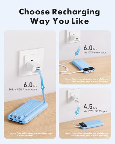 Image of charmast Portable Charger with Reinforced Built-in 4 Cables,10000mAh Power Bank Travel Essentials 6 Outputs 3 Inputs 3A Fast Charging Compatible with iPhone iPad Samsung Google Pixel LG Moto