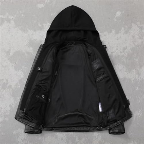 Men's Black Motorcycle Genuine Sheep Detachable Hood Real Biker Leather Jacket Casual Multi Zipper Vintage Rider Coat3