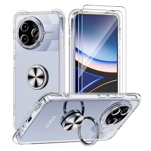 STARRYNOVA Funda Compatible con Xiaomi Poco F7 Pro, Carcasa Transparente Silicona con Anillo Metal, Anti-Caída de Cuatro Esquinas Clear Cover - Anillo Plateado
