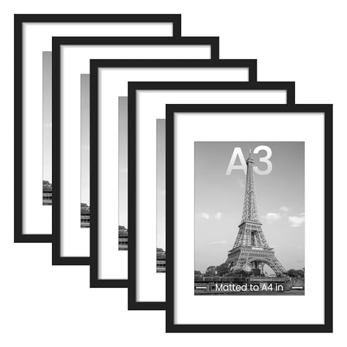 Image of upsimples A3 Picture Frame Set of 5, Display Pictures 8.3x11.7 with Mat or 11.7x16.5 Without, Wall Gallery Poster Frames, Black