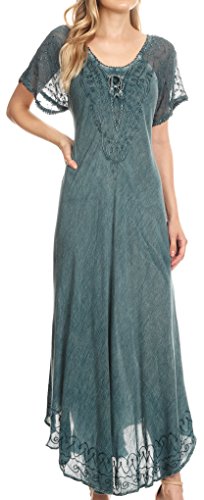 Image of Sakkas Egan Long Embroidered Caftan Dress /Cover Up with Embroidered Cap Sleeves