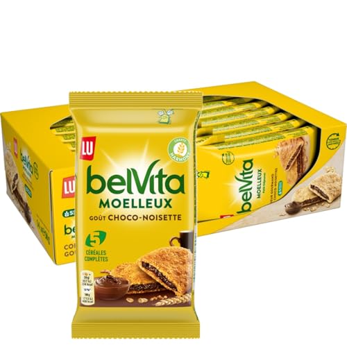 LU BELVITA - Moelleux Petit Déjeuner Coeur Gourmand au Chocolat Noisettes - Biscuit aux 5 Céréales Complètes Sachets Individuels - Présentoir de 14...