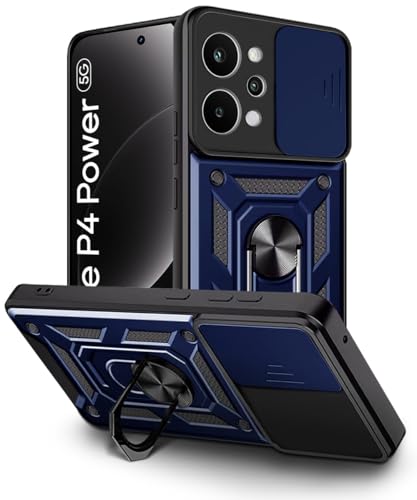 Image of WOW IMAGINE Tough Armor Bumper Mobile Back Case for Realme P4 Power 5G | Narzo Power 5G | Sliding Camera Cover | Shock Proof 360 Protection | Hybrid PC + TPU | Ring Holder with Kickstand - Blue