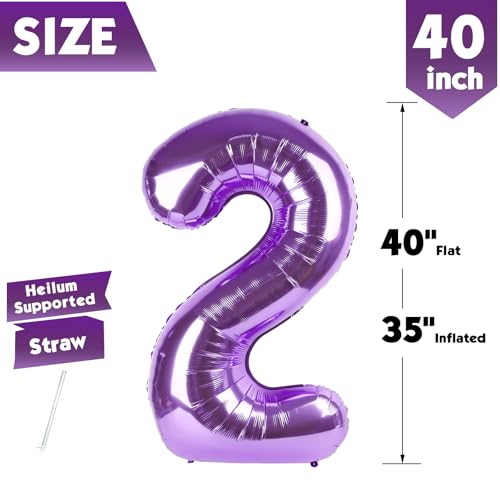 Image of 40 Inch Purple Number 2 Balloon Birthday Party Decorations for Men & Women | 40 Inch Purple inflatable foil number balloons, large birthday decorations for 2nd birthday