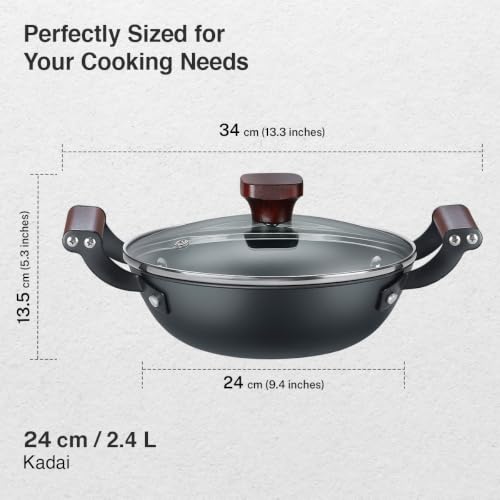 Image of Prestige Castlite Patterned Enamel Coated Cast Iron Kadai 24cm /2.4L with Glass Lid | High Heat Retention, Rust-Proof | Gas & Induction Compatible | Low-Oil Cooking | Stay-Cool Handles | 15Y Warranty