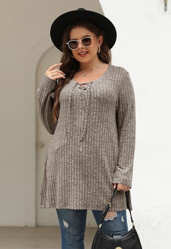 Image of Nemidor Women Plus Size Casual Tunic Top Drawstring V Neck Long Sleeve