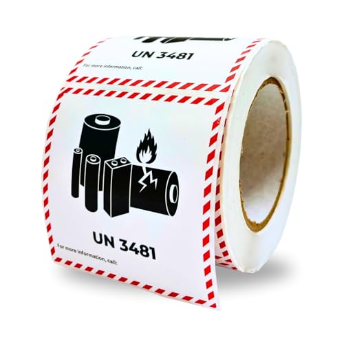 Great Eastern Lithium Ion Battery Warning Labels – UN 3481 Caution Stickers, 500 PCS 1 Roll (4”x4”) Waterproof Adhesive Fragile Shipping Labels for Boxes, Transport & Packaging