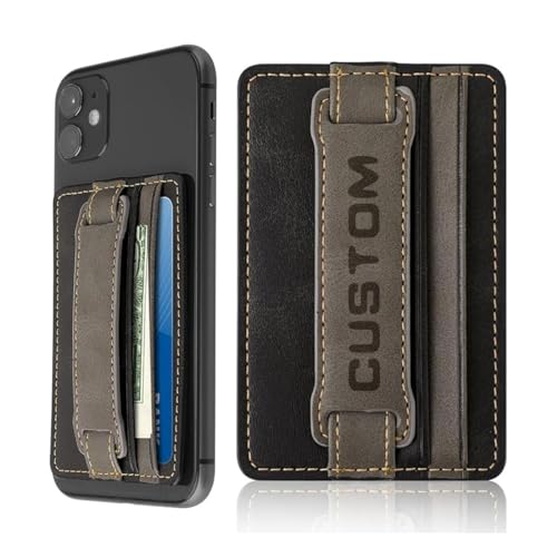 Personalized Custom Phone Card Holder Pocket Adhesive Leather Kickstand,Customized Name Wallet Card Pouch Grip Sleeve with Elastic Band Stick on Back of Cell Phone,for ID Credit Card
