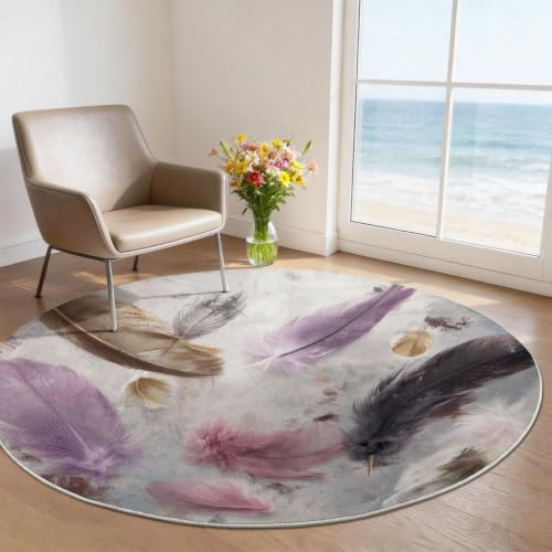 Tapis rond 120 cm antidérapant et lavable machine rose Plume - 4