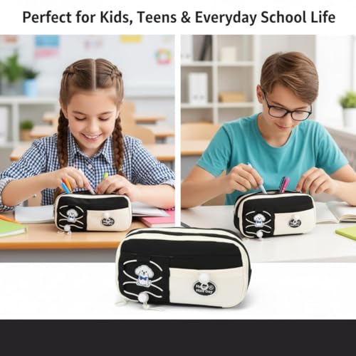 Image of Canvas School Bag Pencil Case, 3 Layer 6 Compartment Large Capacity, Aesthetic Pencil Pouch for Stationary, Cute Stationery for Kids, Pencil Case for Girls & Boys (Nice Day Black)