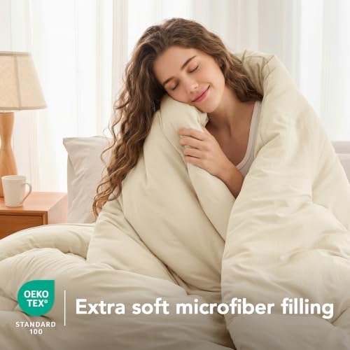 Image of Twin Comforter Set Prewashed Lightweight Quilted Bedding for All Season | 2PCS Cream Breathable Down Alternative Bedding Set with 1 Solid Comforter (68 inchx90 inch) and 1 Soft Pillowcases (20 inchx26 inch)