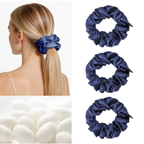 Image of THXSILK 100% Mulberry Silk Chunky Scrunchies 3-Pack, 25 Momme Mulberry Silk Hair Ties for Women, Thick Voluminous No Damage Hair Ties, Ponytail Holders for All Hair Types, Navy Blue