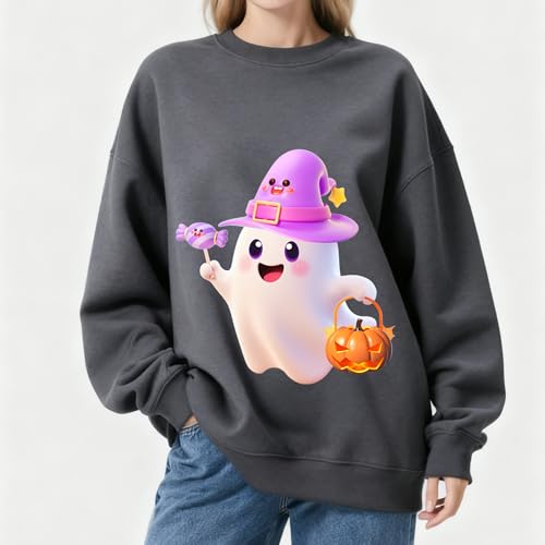 IRUD Halloween Sweatshirts for Women - Oversized Ghost Pumpkin Lantern Candy Pattern Round Neck Casual Long Sleeve - image 2