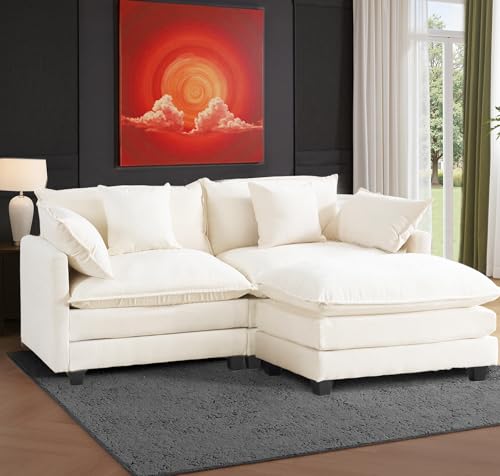 Cloud Chenille L-Shaped Sofa with Ottoman, 77" Space Saving Sectional Loveseat with Chaise, for Small Spaces, Easy Assembly, 1YR Warranty, Beige