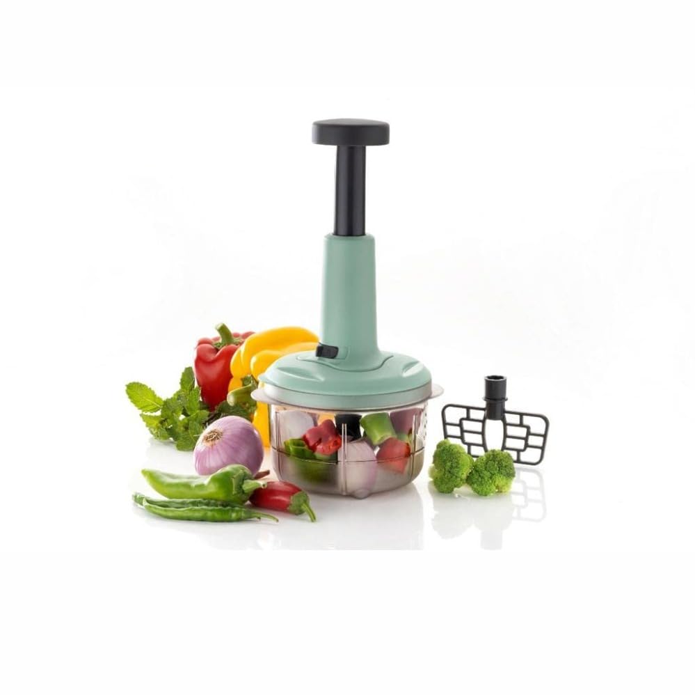 Image of Indigo Manual Food Chopper with Push Handle, 650ml Transparent Container, Sage Green, with 2 Blades