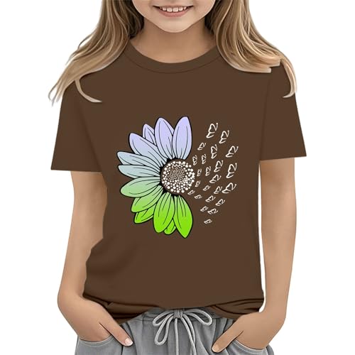 Girls Loose Fit Sunflower Graphic T Shirts Short Sleeve Crewneck Cute Pattern Printed Tops Kids (D-Coffee, 4-5 Years)