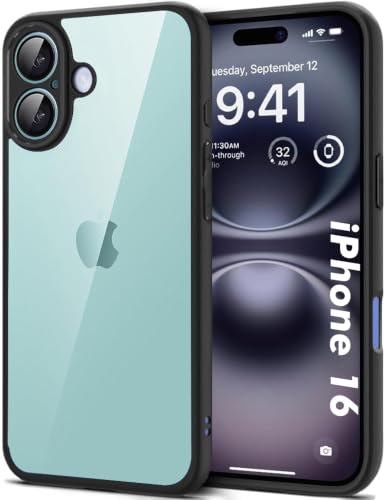 Image of VONZEE Clear Transparent Back Cover Case for iPhone 16 with Camera Protection Anti Yellow Slim Fit Anti-Fingerprint & Lightweight Protective Cover-Black
