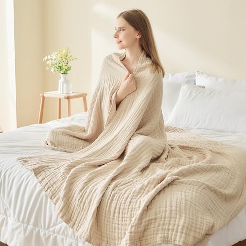 EMME Cotton Bed Blanket Twin Size Soft Muslin Boho Bedding Lightweight Breathable Twin Blanket All Season Gauze, Light Tan