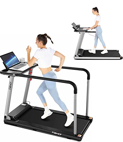 FUNMILY Treadmill with Desk and Long Handrail, Under Desk Treadmill for Home Office, Portable Folding Running Walking Treadmill for Seniors, Adult, Rehabilitation and Pet, 265LBS Weight Capacity