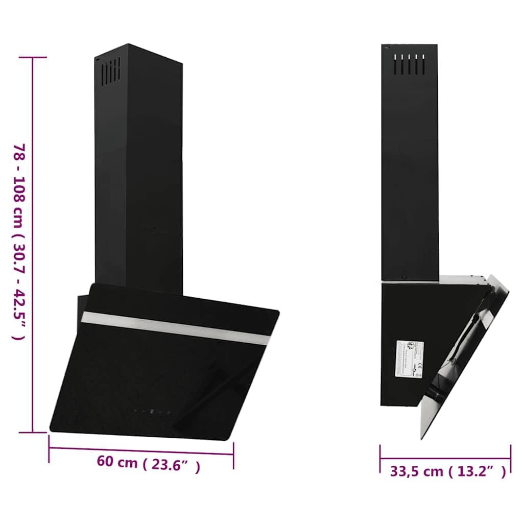 Okap kuchenny ścienny 60 cm ze stali i szkła hartowanego w kolorze czarnym, z filtrem z węglem aktywnym, strumień powietrza 297 m³ h, 2 diody LED, do kuchni, płyty kuchennej
