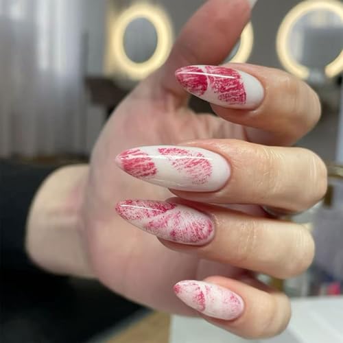 24 uñas postizas con impresión de labios, para el día de San Valentín, cubiertas completas, fáciles de pegar en forma de almendra, acrílico