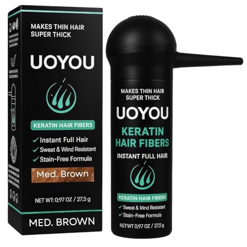 UOYOU Hair Fibres MEDIUM BROWN 27.5g with Pump Applicator Natural Keratin Hair Building Fibers for Thinning Hair Undetectable Sweat- & Wind-Resistant Concealer for Men & Women