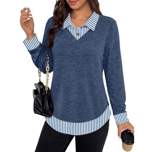 Womens Tops Fake Two Piece Loose Fit Long Sleeve High Low Preppy Shirts - image 5