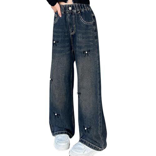 Bow Jeans for Girls Straight Leg Baggy Button Denim Pants Elastic Waist Trousers Kids Trendy Y2k Streetwear with Pockets
