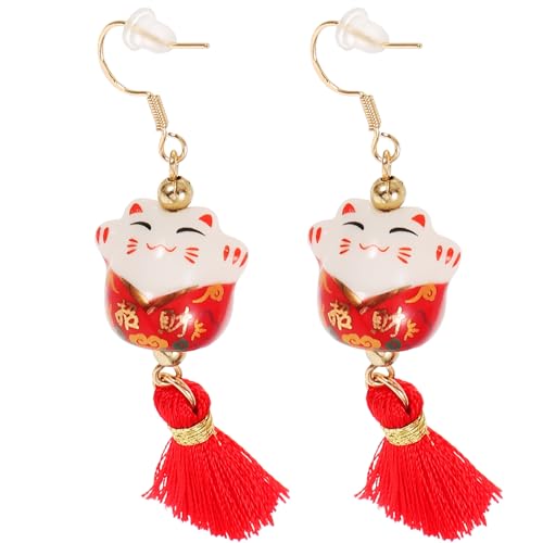 Hohopeti Boucles Oreilles Pendantes Chat Japonais Fortune Cat Céramique Accessoire Fashion pour Femmes et Filles Cadeau Original et Élégant