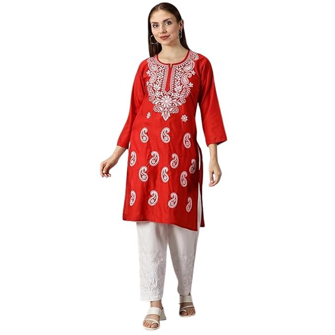 Image of FCH, Fashionable Chikan Handikraft Women's Cotton Lucknowi Chikankari Printed Straight Kurta for Regular Wear Girls Flared Kurta