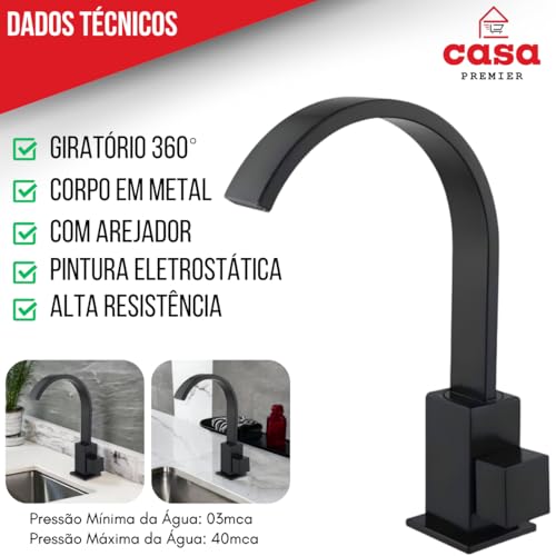 Torneira Banheiro Luxo Quadrada ¼ de Volta Preto Fosco Bancada Pia Banheiro Alto Padrão