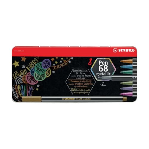 Caneta Hidrográfica Premium – STABILO Pen 68 Metallic – Estojo metálico com 8 unidades – Em 8 cores metálicas